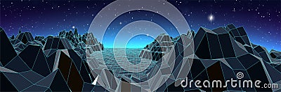 Abstract 3d landscape. Wireframe virtual mountains. Futuristic grid wallpaper. Starry sky. Sci-fi horizon line. Sharp edges Cartoon Illustration