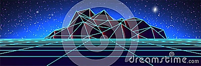 Synthwave landscape. 80s background. Perspective grid. Wireframe mountain. Starry night sky Stock Photo