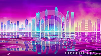 Synthwave pink retro city with the night sky. Digital city retro future illustration arcade background. Night city neon Cartoon Illustration