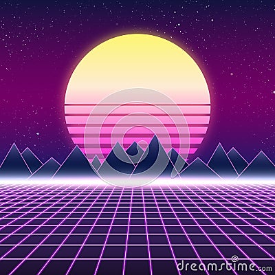 Synthwave retro design, mountains and sun, illustration Vector Illustration