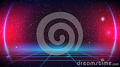 Synthwave Retro Future Grid background with pink round Neon glowing. 80s sci-fi style. 3d virtual wireframe landscape. Synthwave Vector Illustration