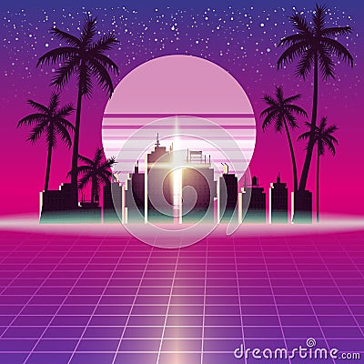 Synthwave Retro Futuristic Landscape With City Palms, Sun, Stars And Styled Laser Grid. Neon Retrowave Design And Vector Illustration