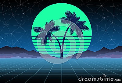 Synthwave and retrowave background template. Palms, sun and space in computer game. Retro design, rave music, 80s Stock Photo