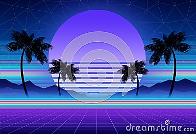 Synthwave and retrowave background template. Palms, sun and space in computer game. Retro design, rave music, 80s Stock Photo