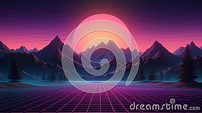 Synthwave and retrowave background template. Waporwave horizontal banner. 80's computer game wallpaper. Cartoon Illustration