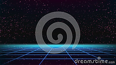 Synthwave 80s grid template. Retro future wireframe game landscape on starry sky. Abstract sci-fi futuristic background. Synthwave Vector Illustration