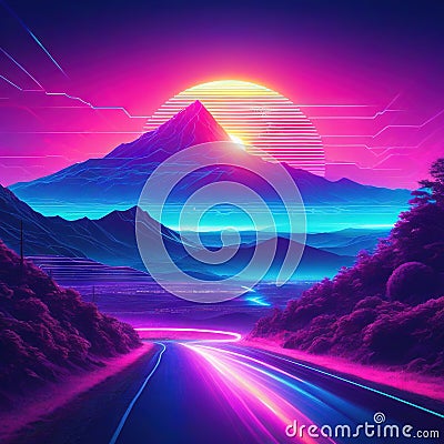 Synthwave style landscape with and Cartoon Illustration