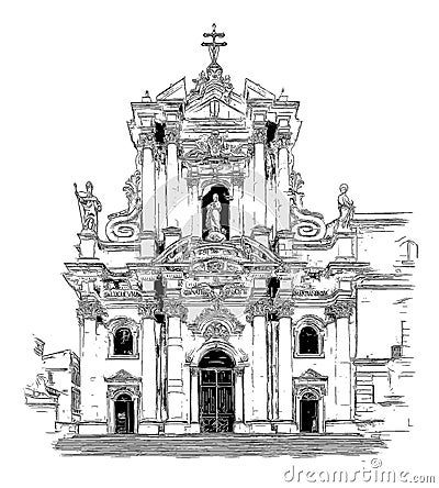 Syracuse Cathedral, Catholic church in Syracuse, Sicily, Italy, ink sketch illustration. Cartoon Illustration