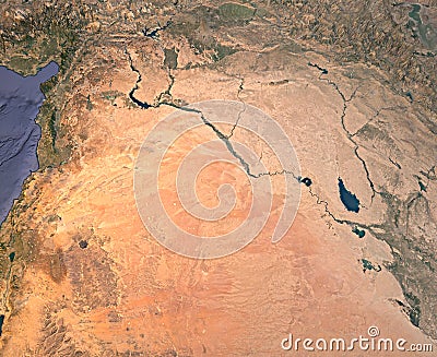 Syria an Iraq, satellite view, map, 3d rendering, land, middle east. Stock Photo