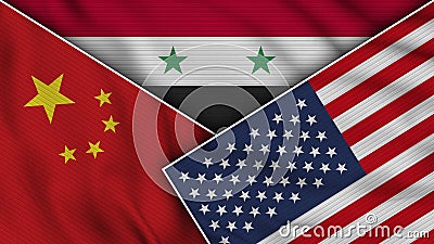 Syria United States of America China Flags Together Fabric Texture Effect Illustrations Stock Photo