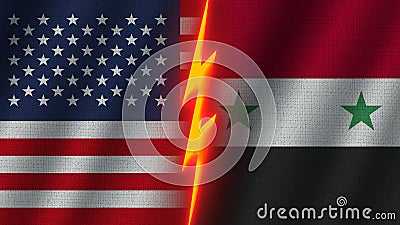 Syria and Usa America Flags Together, Fabric Texture, Thunder Icon, 3D Illustration Stock Photo
