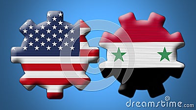 Syria and USA United States of America Wheel Gears Flags â€“ 3D Illustrations Stock Photo