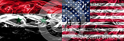 Syria vs United States of America smoke flags placed side by sid Stock Photo