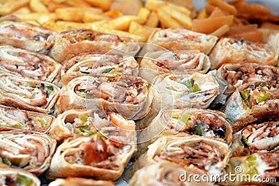 Syrian recipe cuisine background, a box full of pieces of chicken shawerma or shawarma tortilla wrap with onion, tomato, lettuce Stock Photo