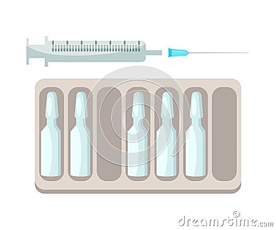 Syringe and ampoule with medicine in container set Vector Illustration