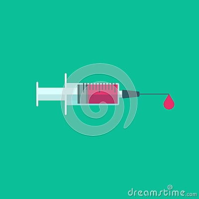 Syringe with blood or vaccine drop vector illustration, flat cartoon medical vaccine needle icon with full of vaccine Vector Illustration