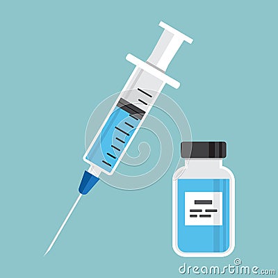 Syringe with blue vaccine, vial of medicine. Vector illustration Cartoon Illustration