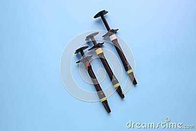 Syringe of esthetic filling material on color background Stock Photo