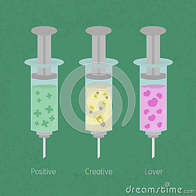 Syringe filled with a liquid positive thinking Vector Illustration