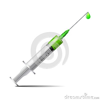 Syringe with green liquid. Syringe with needle for medical drug injection, vaccine for care and treatment Vector Illustration