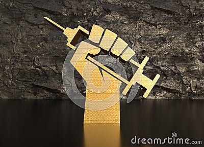 Syringe in hand vaccination symbol gold and stone background Stock Photo