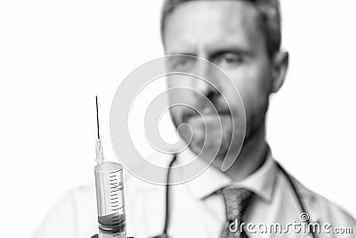 syringe in hands of doctor. syringe for anaesthesia. selective focus of syringe Stock Photo