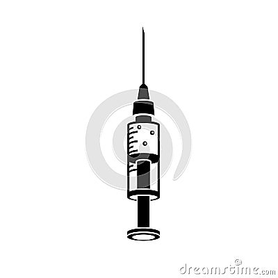 Syringe icon. Symbol vaccination or injection. Black silhouette disposable syringe. Vector Illustration