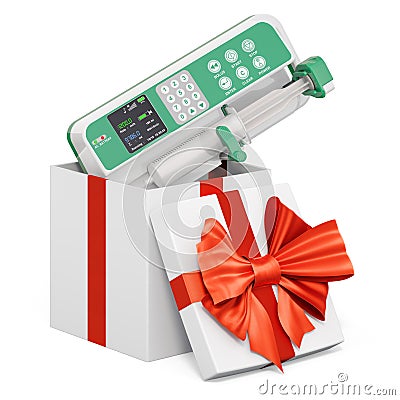 Syringe infusion pump inside gift box, present concept. 3D rendering Stock Photo