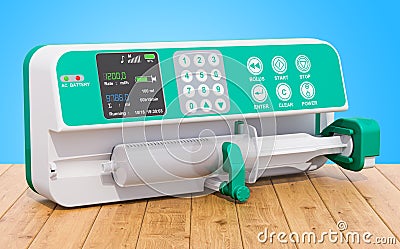 Syringe Infusion Pump on the wooden table. 3D rendering Stock Photo