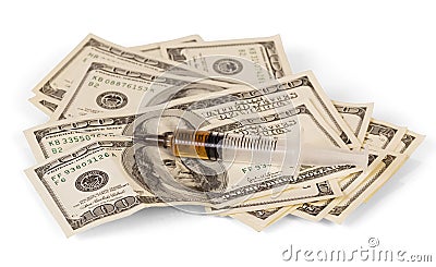 Syringe for injection with medication and dollars isolated on white. Stock Photo