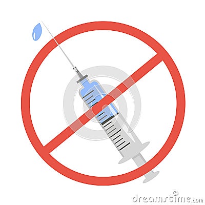 A syringe with injection and red forbidden sign. Anti-vaccination protest. Rejecting preventive medicine. Covid-19 Vector Illustration