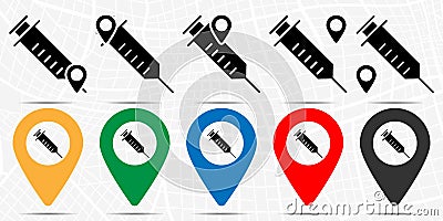 Syringe, injector, squirt, gun, hypodermic icon in location set. Simple glyph, flat illustration element of medicine theme icons Cartoon Illustration