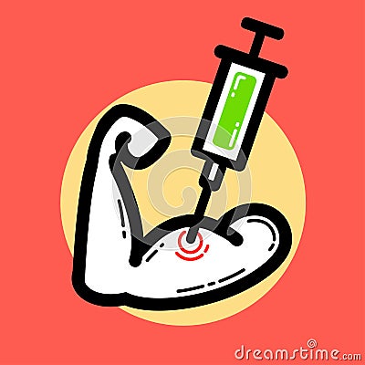 Syringe injects dope into the biceps icon Vector Illustration