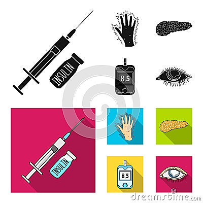 Syringe with insulin, pancreas, glucometer, hand diabetic. Diabet set collection icons in black, flat style vector Vector Illustration