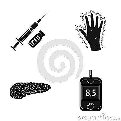 Syringe with insulin, pancreas, glucometer, hand diabetic. Diabet set collection icons in black style vector symbol Vector Illustration
