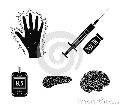 Syringe with insulin, pancreas, glucometer, hand diabetic. Diabet set collection icons in black style vector symbol Vector Illustration