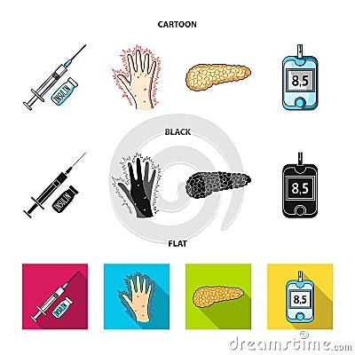 Syringe with insulin, pancreas, glucometer, hand diabetic. Diabet set collection icons in cartoon,black,flat style Vector Illustration