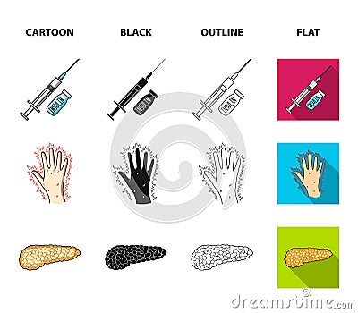 Syringe with insulin, pancreas, glucometer, hand diabetic. Diabet set collection icons in cartoon,black,outline,flat Vector Illustration