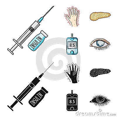 Syringe with insulin, pancreas, glucometer, hand diabetic. Diabet set collection icons in cartoon,black style vector Vector Illustration