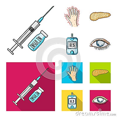 Syringe with insulin, pancreas, glucometer, hand diabetic. Diabet set collection icons in cartoon,flat style vector Vector Illustration