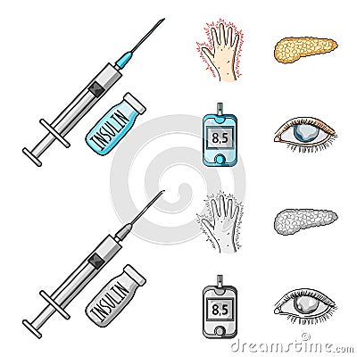 Syringe with insulin, pancreas, glucometer, hand diabetic. Diabet set collection icons in cartoon,monochrome style Vector Illustration