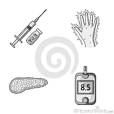 Syringe with insulin, pancreas, glucometer, hand diabetic. Diabet set collection icons in monochrome style vector symbol Vector Illustration