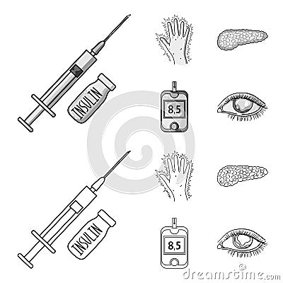 Syringe with insulin, pancreas, glucometer, hand diabetic. Diabet set collection icons in outline,monochrome style Vector Illustration