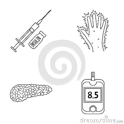 Syringe with insulin, pancreas, glucometer, hand diabetic. Diabet set collection icons in outline style vector symbol Vector Illustration