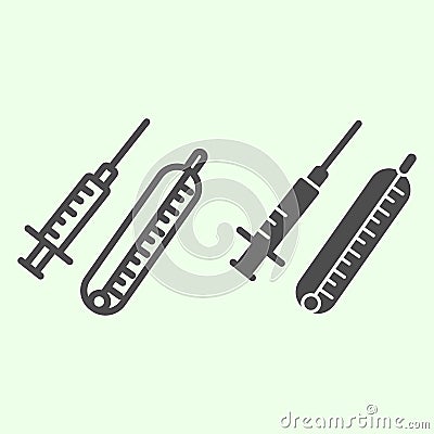 Syringe line and solid icon. Medical syringe with vaccine and thermometer outline style pictogram on white background Vector Illustration