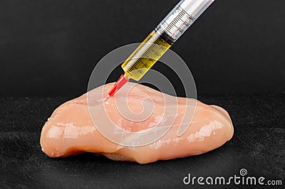 Syringe with liquid being injected to a piece of meat Cartoon Illustration