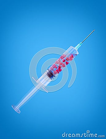 Syringe with red hearts inside. Concept for heart treatment or love potion. Cartoon Illustration