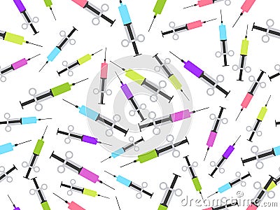 Syringe seamless pattern. Syringe with a vaccine of different colors. Vector Vector Illustration