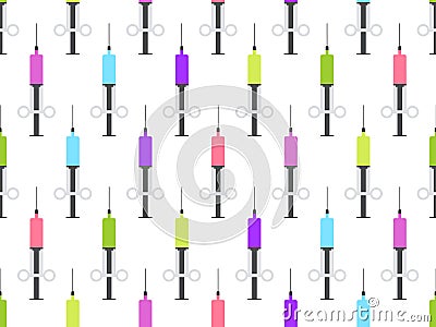 Syringe seamless pattern. Syringe with a vaccine of different colors. Vector Vector Illustration