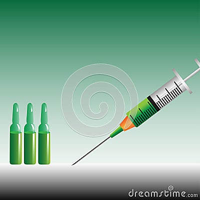 Syringe and three medical vials Vector Illustration